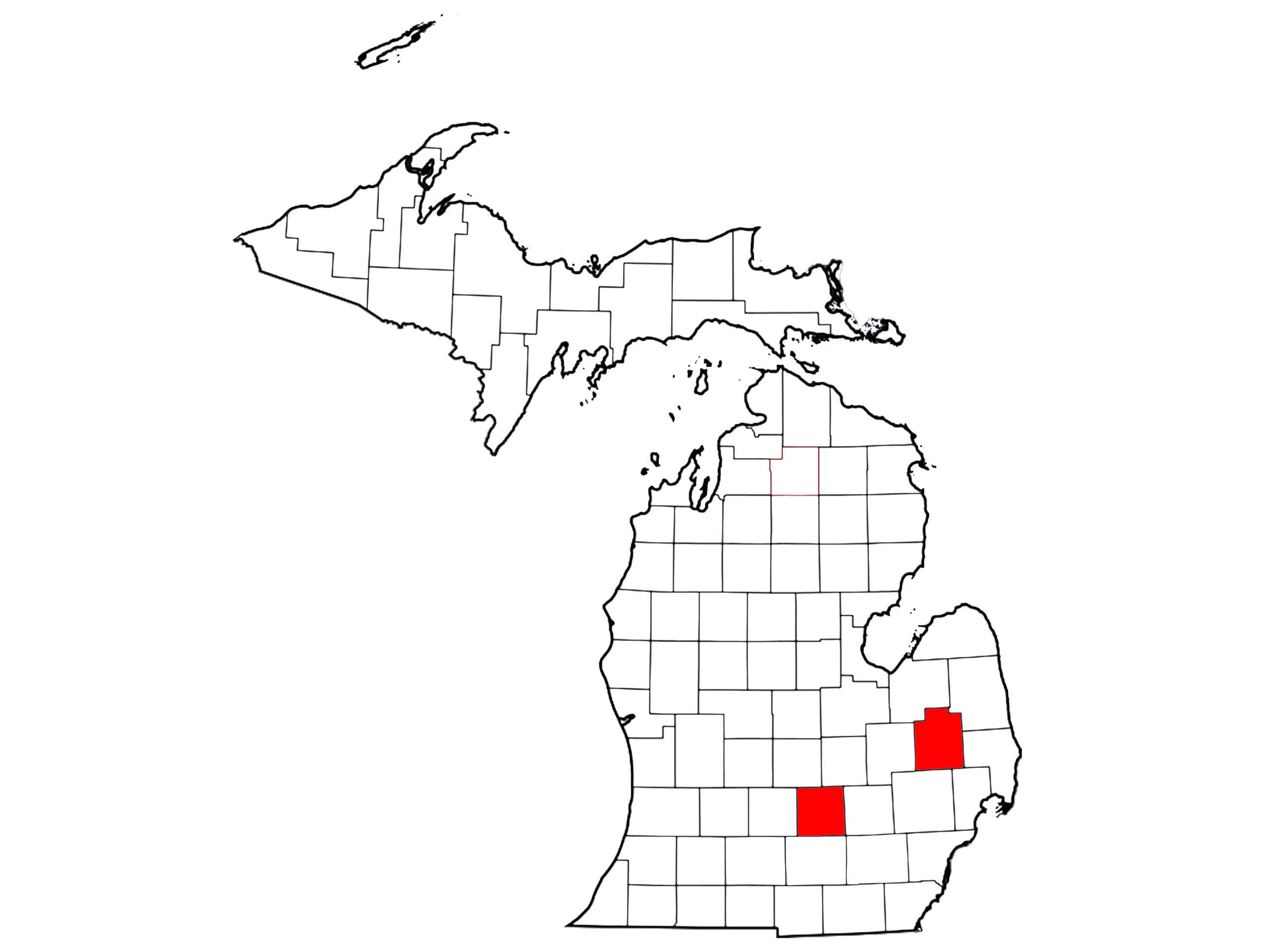 Maps showing counties with confirmed cases of Strangles in Ohio, Michigan, and Florida